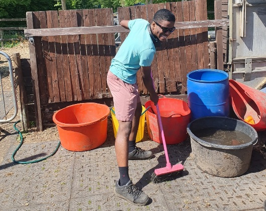 Élder Daniel Miller trabalha no Santuário de Resgate de Cavalos e Burros de Huddersfield, Inglaterra, em 2025. Provided by Paul Burdon